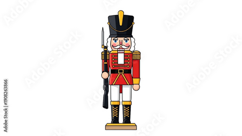 Illustration of a toy soldier standing upright on a wooden base with a rifle in hand and festive attire