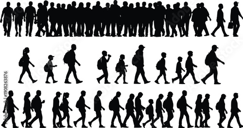 Silhouettes of people walking in groups and individually with backpacks and bags symbolizing urban crowd movement