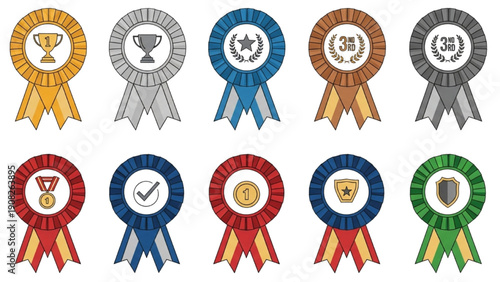 Collection of colorful award ribbons with various symbols and designs displayed together