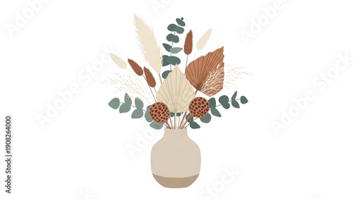 A serene illustration of a vase with leaves and flowers from a front viewpoint