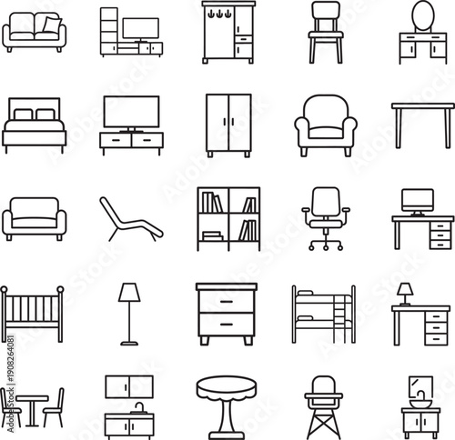 Furniture line icon set for home interior rooms including living, bedroom, office and kitchen.