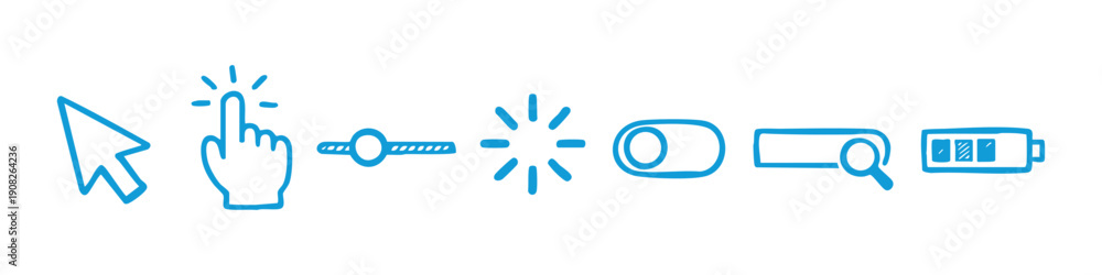 Obraz premium Hand-drawn set of UI icons including cursor, click hand, slider, loading, toggle, search bar, and battery. Minimalist doodle style on white.