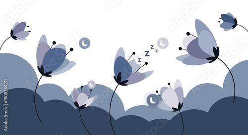 Whimsical Blue Flowers Illustration with Sleepy Zzz Symbols