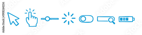 Hand-drawn set of UI icons including cursor, click hand, slider, loading, toggle, search bar, and battery. Minimalist doodle style on white.