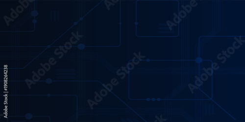 Abstract dark blue technology background featuring white circuit-like lines and geometric pathways.
