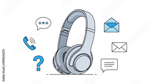 Customer service illustration featuring headphones and communication symbols around it in a simple graphic style