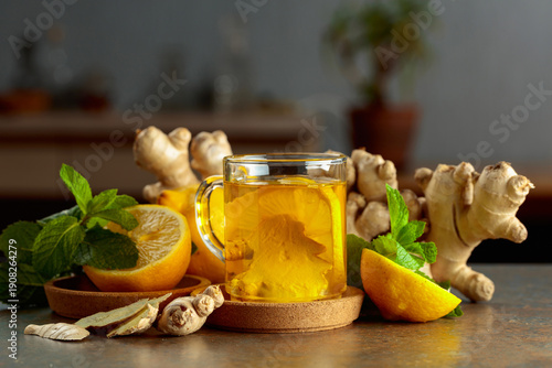 Ginger tea with lemon and mint.
