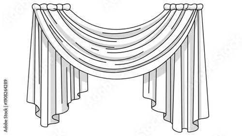 Elegant curtain illustration with draped fabric, hanging from rod, adorned with valance and folds, creating a decorative stage backdrop.