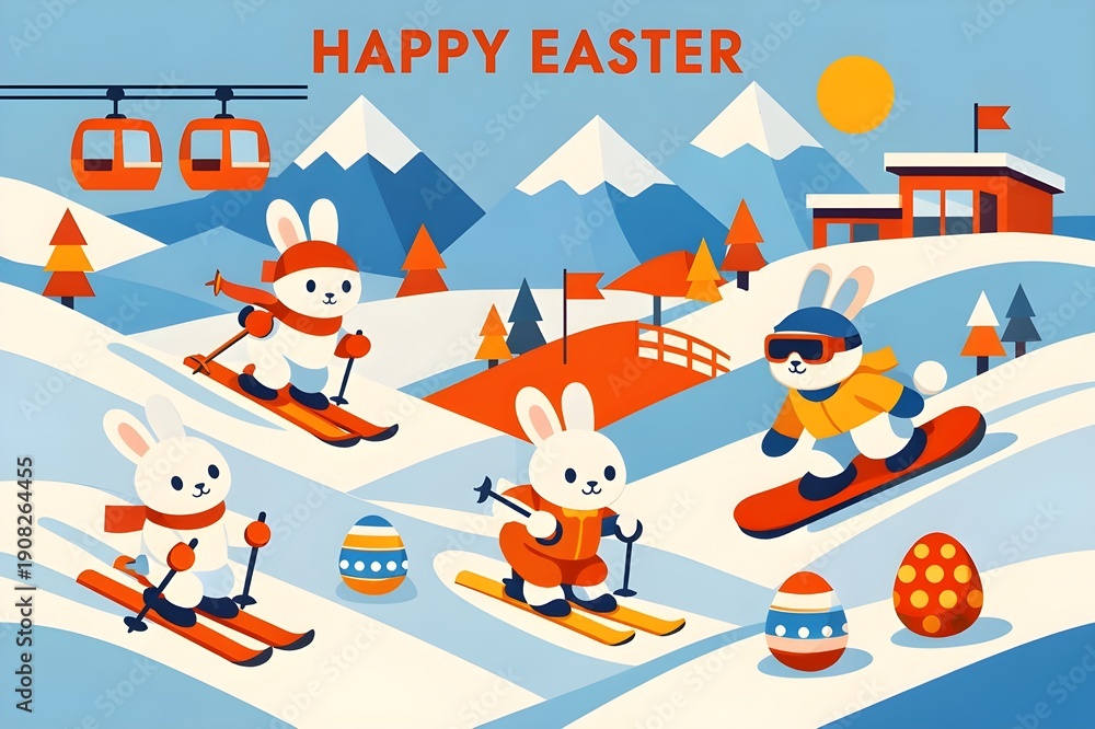 Fototapeta premium greeting card design of easter bunny skiing at mountain with bauhaus style