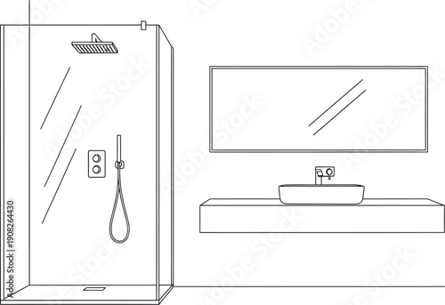 Minimalist black and white line art illustration depicting a modern bathroom layout featuring a glass shower enclosure and a floating vanity with a vessel sink and mirror