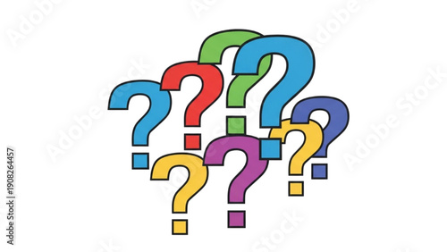 Multicolored question marks floating in mid-air, curiosity, confusion, inquiry, illustration, vibrant