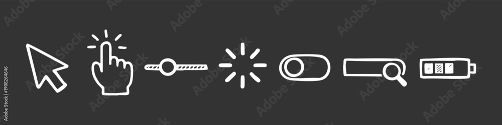 Fototapeta premium Set of hand-drawn white UI icons on a black background, featuring cursor, click, slider, loading, toggle, search, and battery symbols.