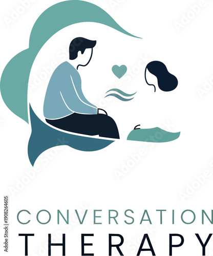 Stylized illustration depicting a supportive conversation therapy session between two individuals inside overlapping speech bubble shapes representing open communication and emotional connection.