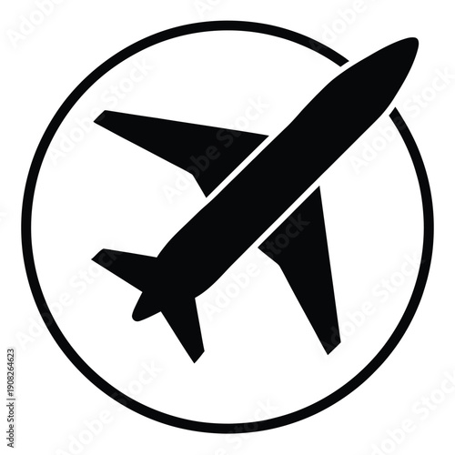 A simple black silhouette of an airplane inside a circular frame