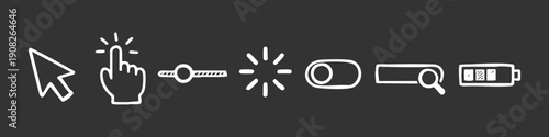Set of hand-drawn white UI icons on a black background, featuring cursor, click, slider, loading, toggle, search, and battery symbols.
