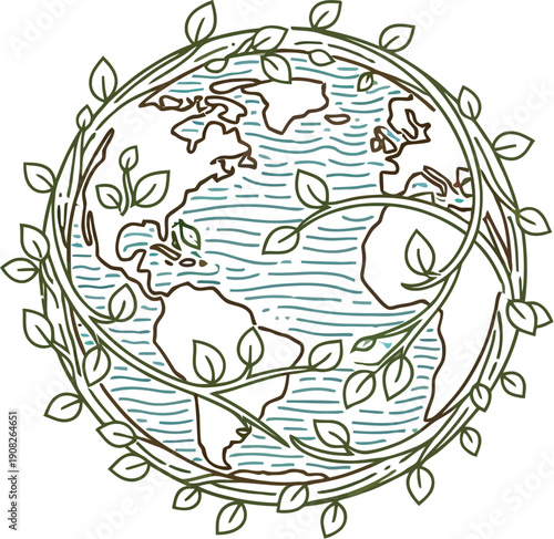 Stylized illustration depicting the earth embraced by vibrant green leafy vines symbolizing global conservation and environmental sustainability efforts for a healthier planet.