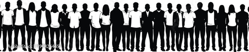 Silhouettes of 22 individuals standing side by side in diverse clothing styles symbolizing unity and community