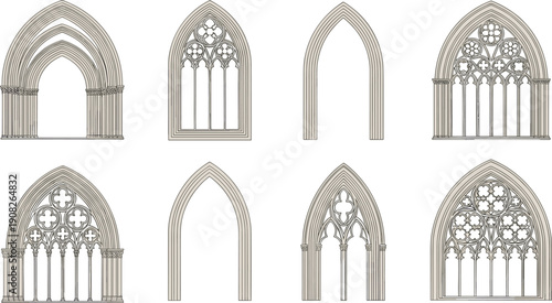 Gothic architecture silhouette vector set, black white clipart of arches windows tracery, medieval cathedral design illustration artwork bundle