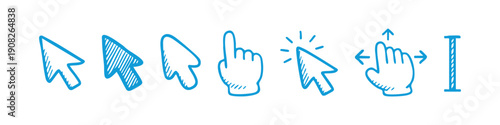 Hand-drawn mouse cursor icon set with arrow pointers, hand click, move tool, and text selector in a black, blue, light blue and white doodle style.