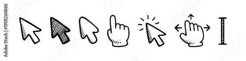Hand-drawn mouse cursor icon set with arrow pointers, hand click, move tool, and text selector in a black, blue, light blue and white doodle style.