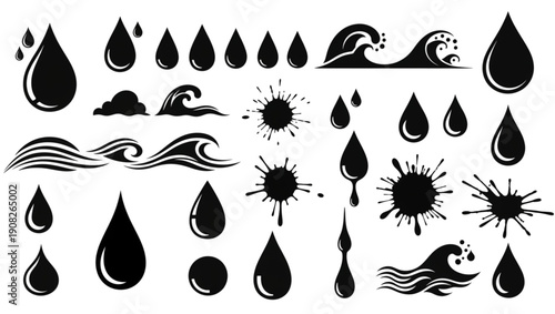 Black Water Drops Waves and Splashes Collection liquid