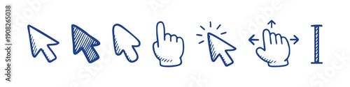 Hand-drawn mouse cursor icon set with arrow pointers, hand click, move tool, and text selector in a black, blue, light blue and white doodle style.