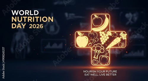 World Nutrition Day 2026 Poster with Healthy Foods Cross Symbol