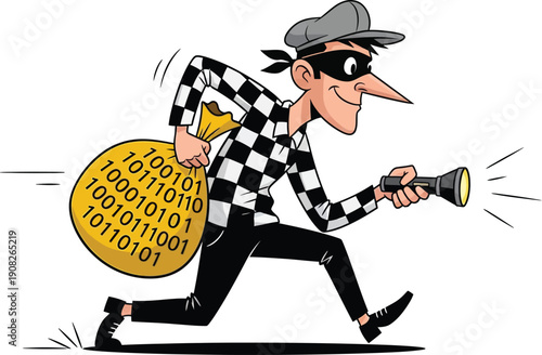 Thief stealing digital data with binary code sack, flat design vector illustration