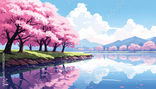 Sakura shoreline with mountain lake panorama. Blooming lakeside vista under bright sky. Romantic water reflection artwork for decor