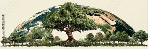 A tree stands tall with lush green leaves shaped like the Earth. It represents environmental protection and the effort to raise awareness on Earth Day for a better world