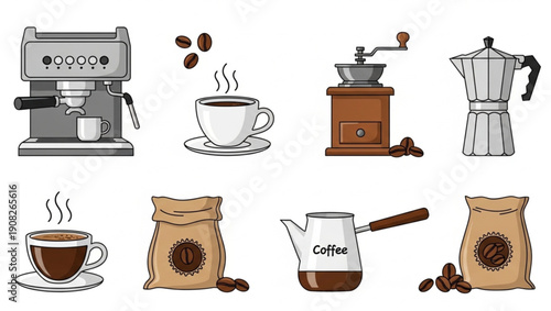 Coffee Making Equipment And Hot Drinks Collection Keywords: coffee, espresso machine, coffee cup