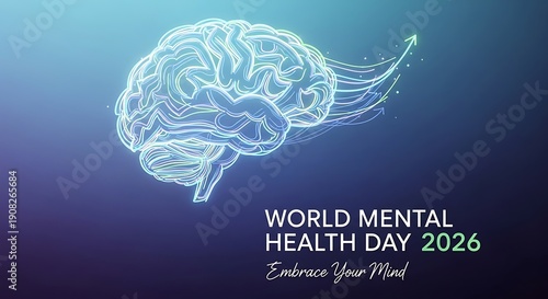 World Mental Health Day 2026 Concept with Brain Illustration and Calming Blue Background
