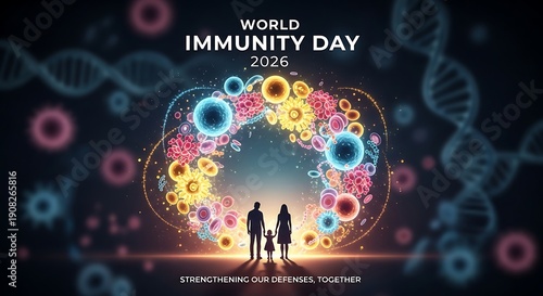 Couple and Child Standing Together for World Immunity Day 2026 with DNA and Virus Illustration