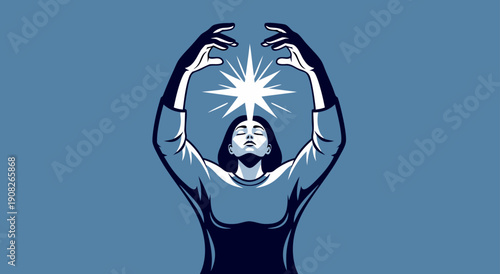 Stylized vector illustration of a woman with her hands raised towards a bright shining star representing inspiration inner light and spiritual power