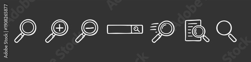 Set of hand-drawn search and zoom magnifying glass icons in doodle style on a dark background. Includes search bar, zoom in, and zoom out symbols.