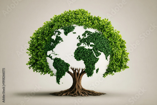 A tree stands tall with lush green leaves shaped like the Earth. It represents environmental protection and the effort to raise awareness on Earth Day for a better world