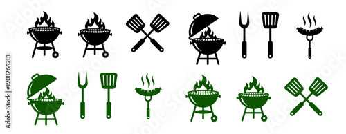 Barbecue grill and cooking utensils icons set for grilling and bbq
