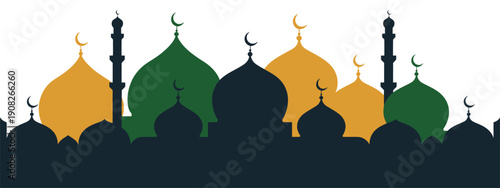 Islamic Architecture Vector – Mosque with Domes and Minarets Silhouette Illustration