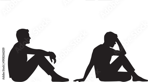 Two men sit in silence with one another in black silhouette against a white background