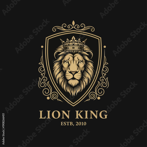 Luxury Lion King Logo with Crown and Shield – Premium Gold Royal Emblem Design