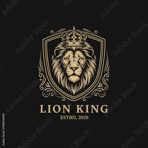 Luxury Lion King Logo with Crown and Shield – Premium Gold Royal Emblem Design