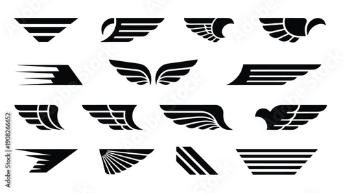 Wings logo vector set with black abstract feather shapes, speed lines and aviation emblems for branding, sports teams, badges, labels, and tattoo design