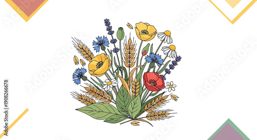 Vibrant Wildflower Bouquet Illustration: Poppies, Cornflowers, Daisies, Lavender & Wheat