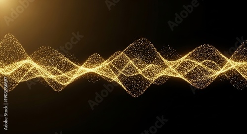 A sophisticated abstract background featuring a flowing, interconnected mesh of shimmering golden particles forming elegant waves against a dark background.