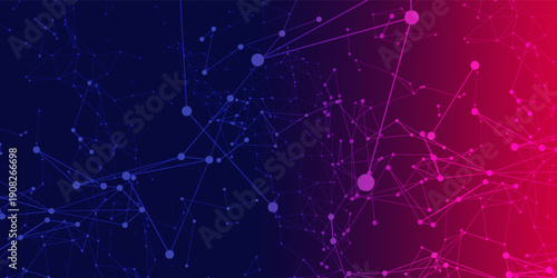 Abstract dark technology background featuring interconnected dots and lines forming a digital network across warm orange, purple, and cool blue gradients.