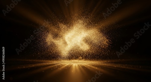 A dramatic explosion of golden shimmering dust and radiant light beams emerging from a reflective floor in a dark space.