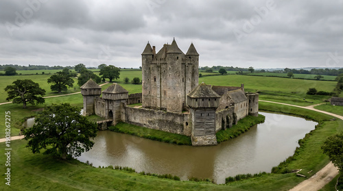 Magnificent medieval stone castle with towering turrets surrounded by a protective moat under a cloudy sky.