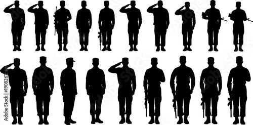 Isolated Military Soldier Silhouettes Vector Set of Army Men Standing Saluting and Holding Rifles for War and Defense Design Illustration