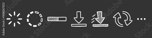 Hand-drawn loading and download icon set on dark background. Features white doodle-style progress bars, refresh symbols, and spinners.