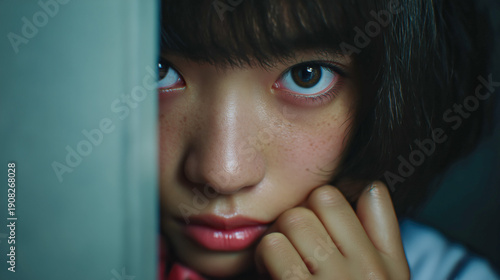 Macro portrait of a person peering from behind a curtain